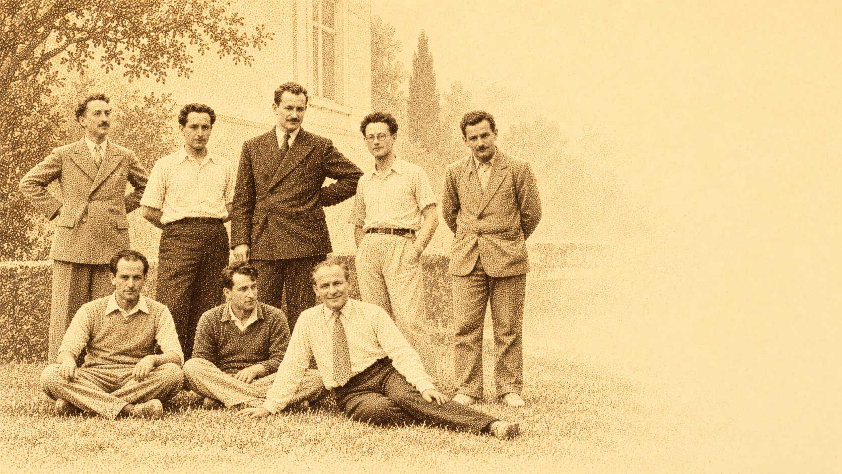 An archival photograph of the Bourbaki group, gathered outdoors.